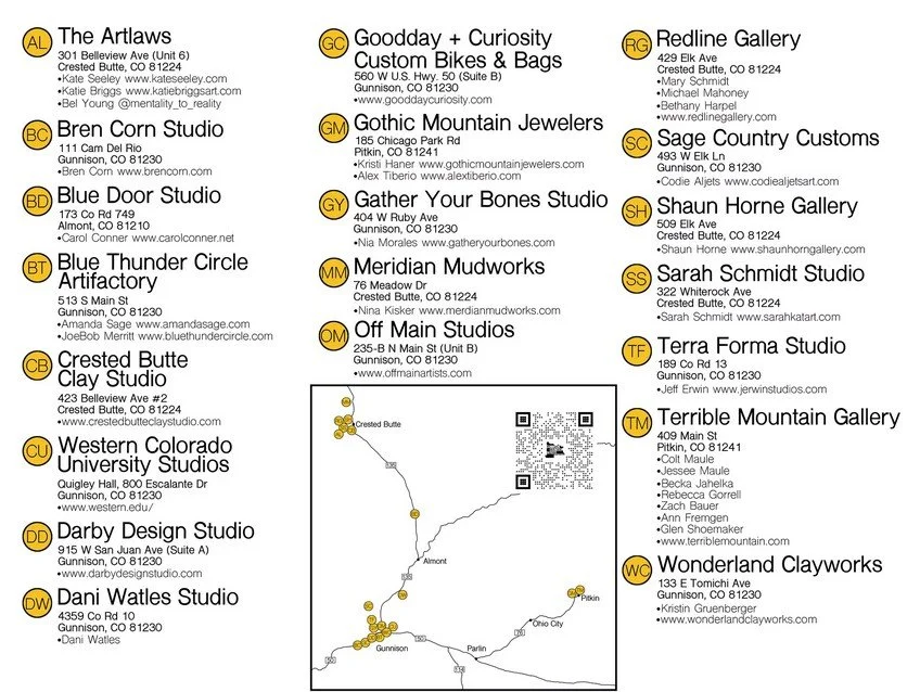 Take in the best of Gunnison's natural and artistic beauty by traveling the Gunnison Scenic Studio Tour this weekend!

@terrible.mountain.gallery 
@mentality_to_reality 
@southmaingunnison 
@crestedbutteclaystudio 
@darbydesstudio 
@gooddaycuriosity 
