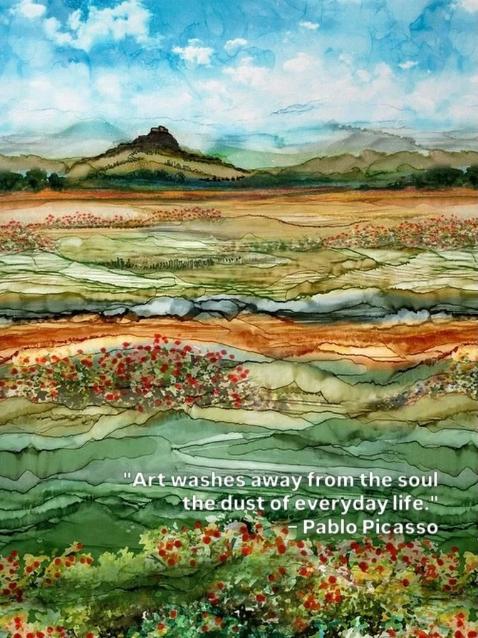 This landscape batik is by Amos Amit. Throughout the years Amos has received numerous awards and recognition from the most prestigious exhibits. He one of the leading batik artists in the United States. 

The process of batik art is one that has been