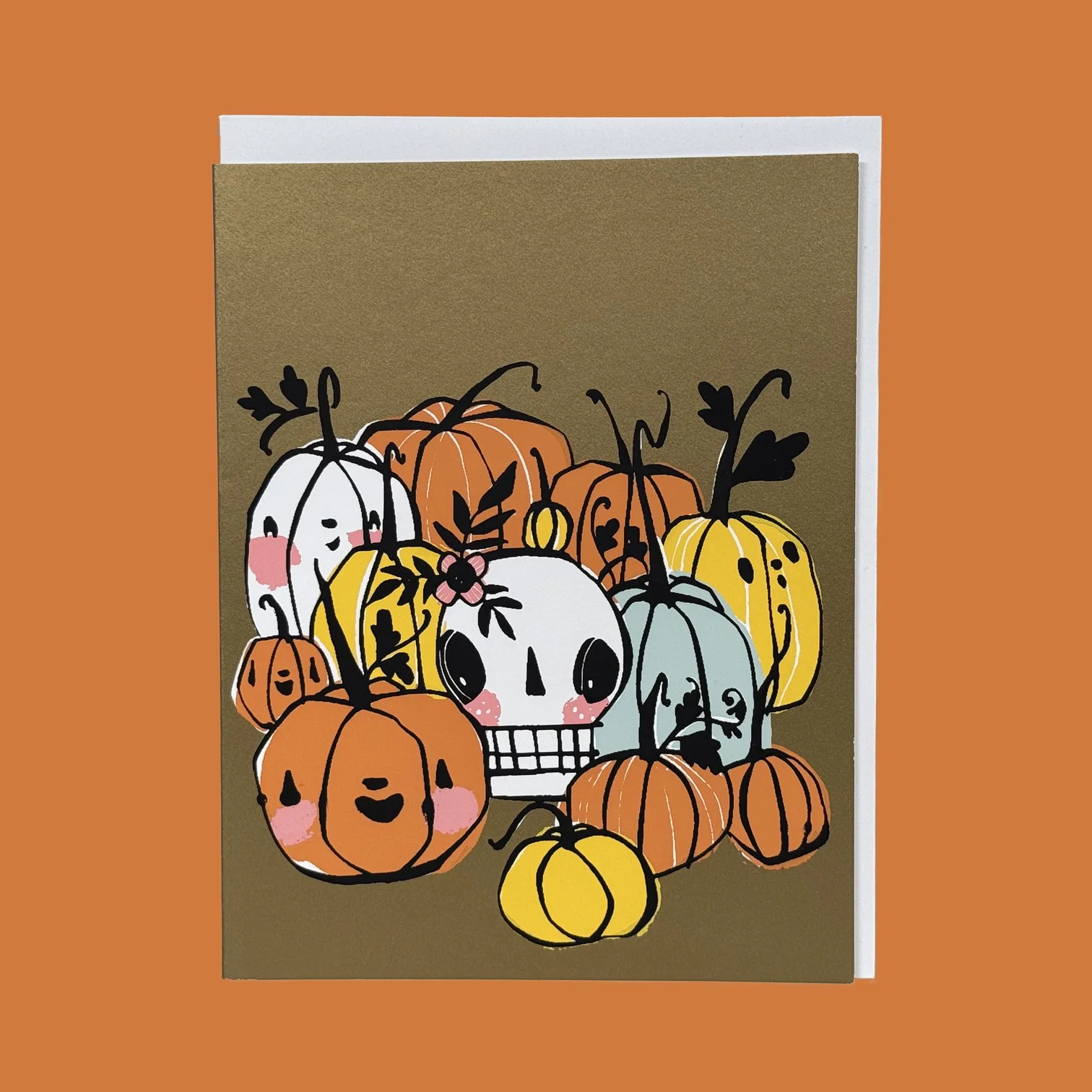 Skull in Pumpkins on Metallic Gold Halloween Card