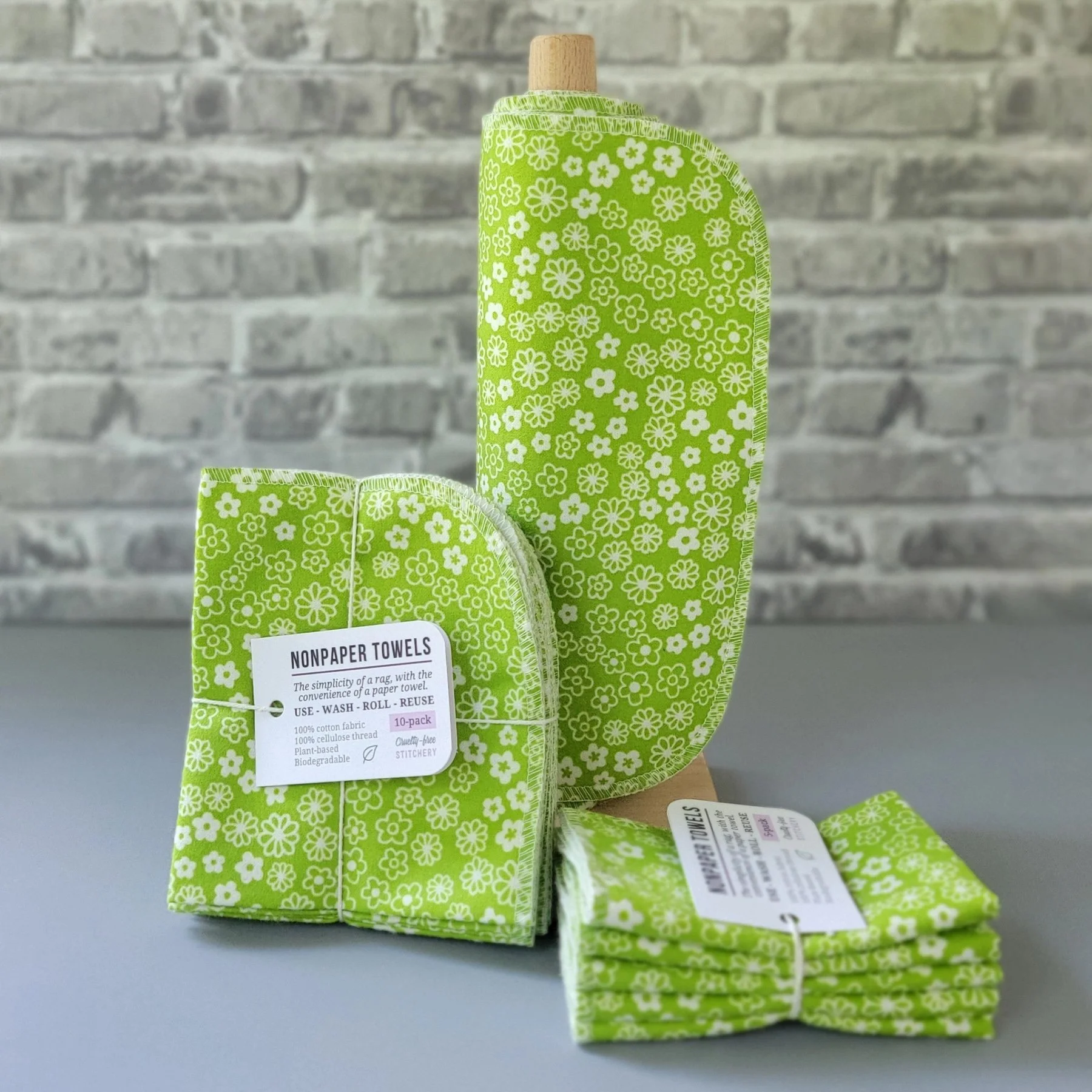 NonPaper Towels Retro Green Daisy Prints - 5-Pack Cruelty-Free Stitchery.jpg