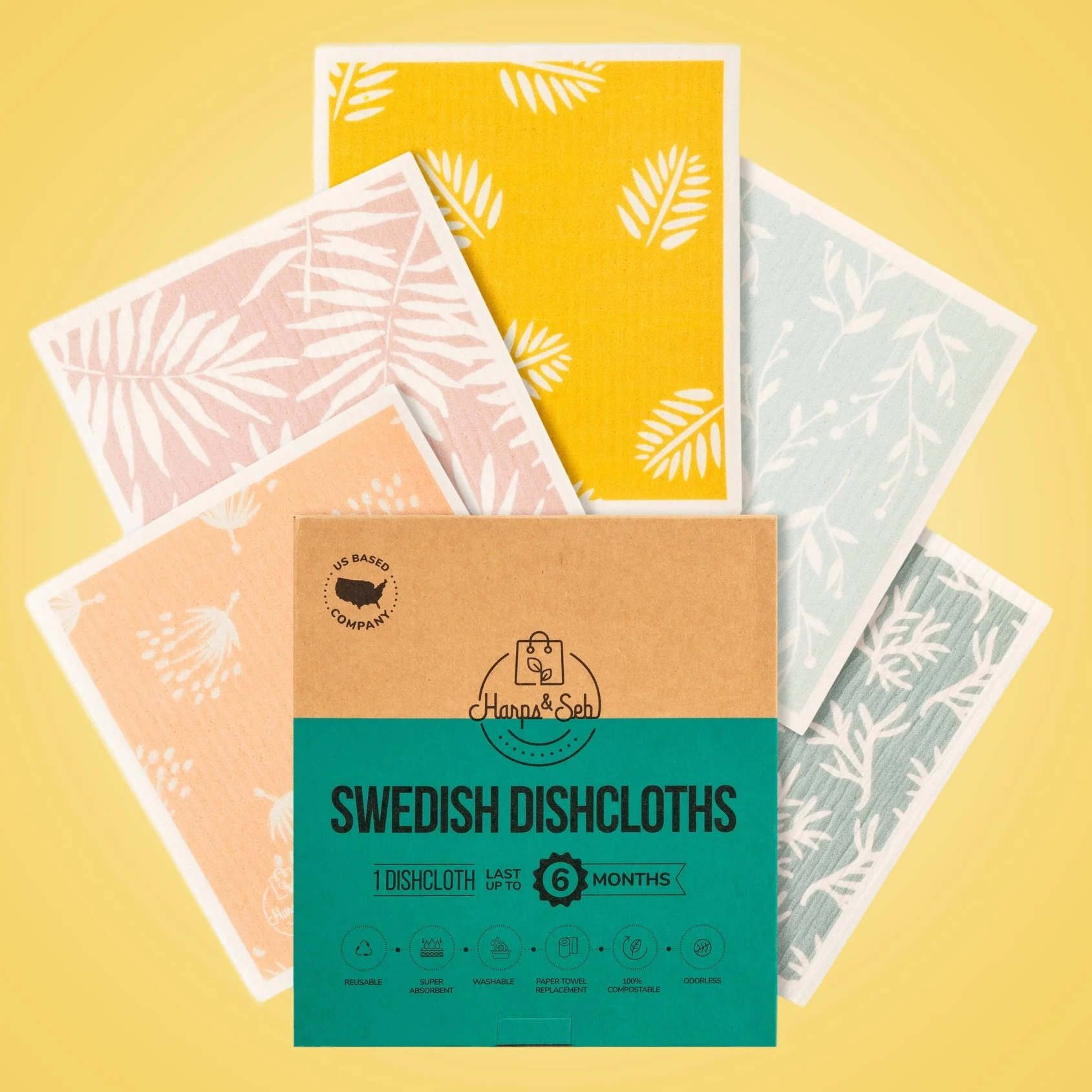 5-Pack Swedish Dishcloth Set ~ Leafy Vines
