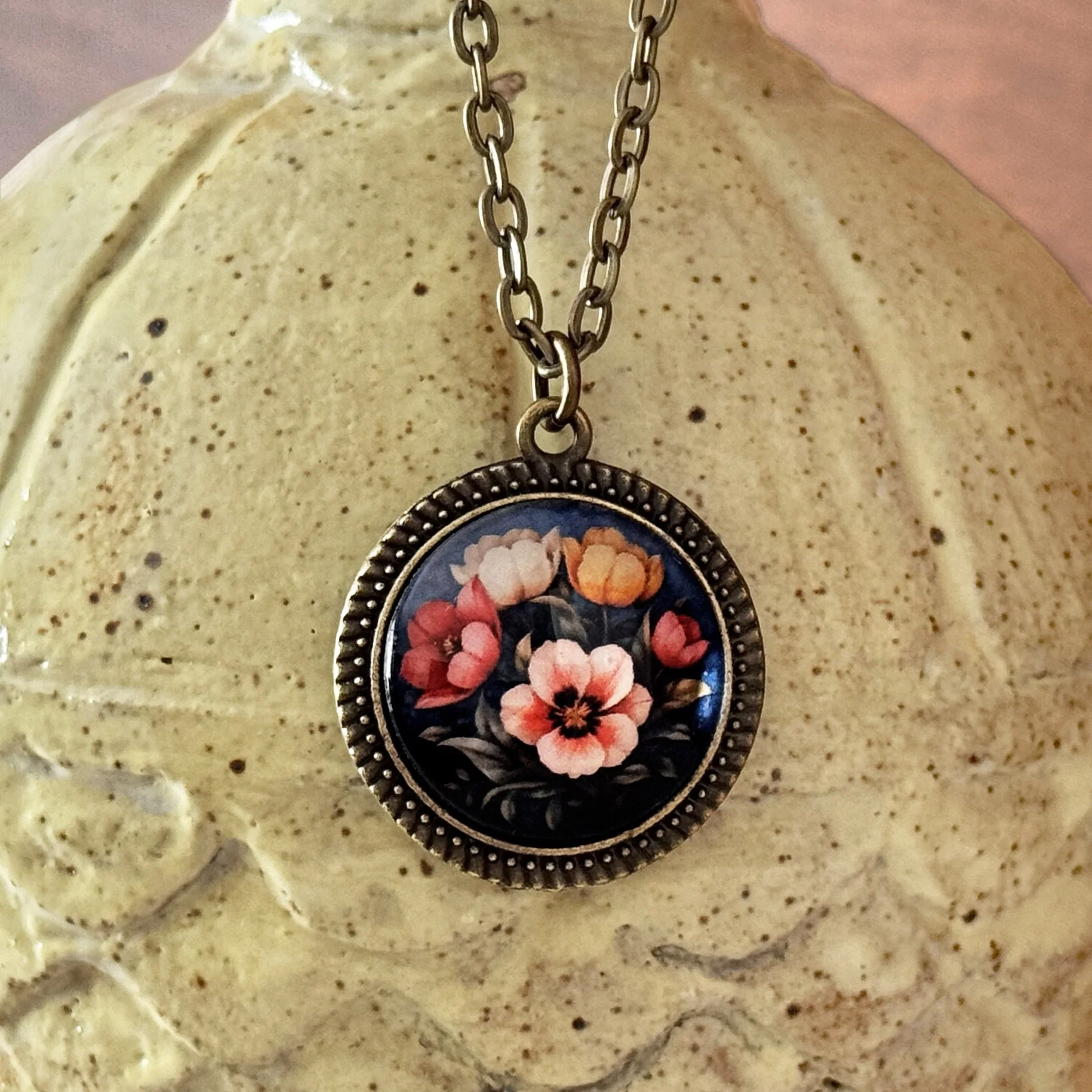 IMG_2531 Moody Tulip Flowers Glass and Bronze Pendant Necklace CloseUP - The Divine Iguana.jpg
