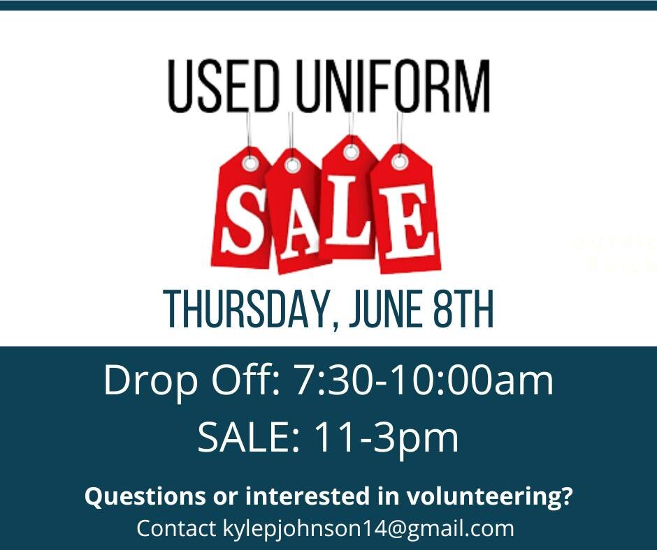 The annual TRA Used Uniform sale is coming up on Thursday, June 8th (the last day of school) from 11am-3pm. Clothing drop off will be in the Fireside Room from 7:30am-10am on the morning of the 8th.

Please label each item with a piece of masking/pai