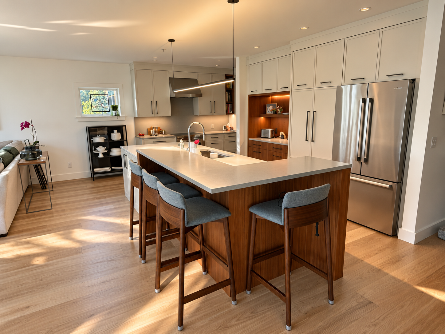 Kitchen with white cabinets, a wood-front island, upholstered counter stools, and an adjoining living area.