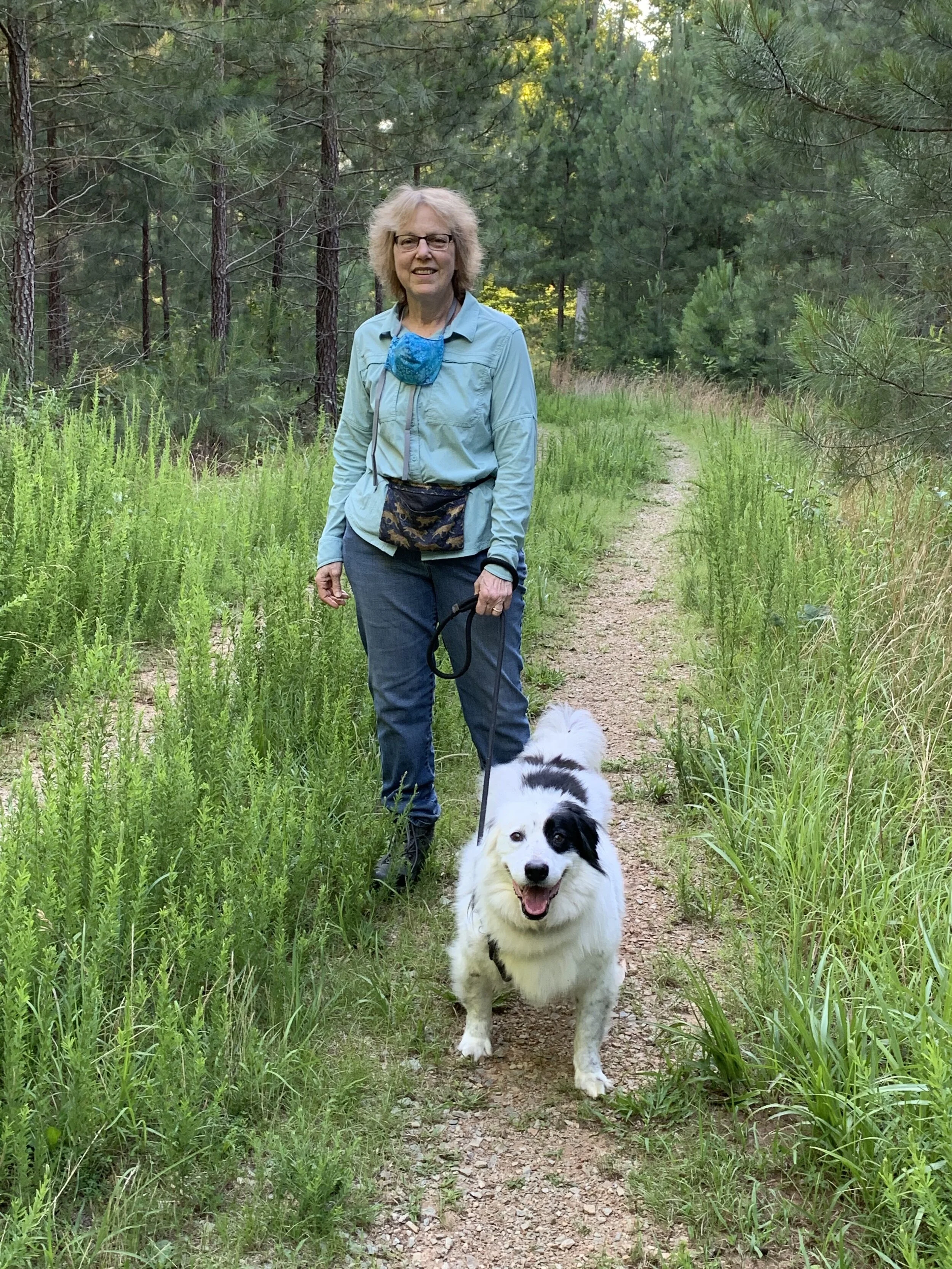 Kathi Beratan in Duke Forest with Bo. (June 2020)