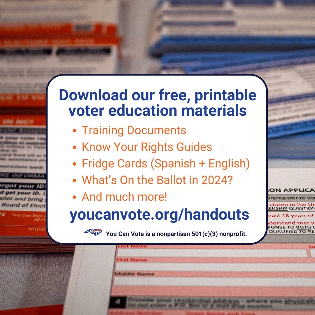 YCV's handouts and materials have been updated for the 2024 general election. Visit us online at youcanvote.org/handouts to get free, printable voter education materials in English &amp; Spanish! (link in bio)