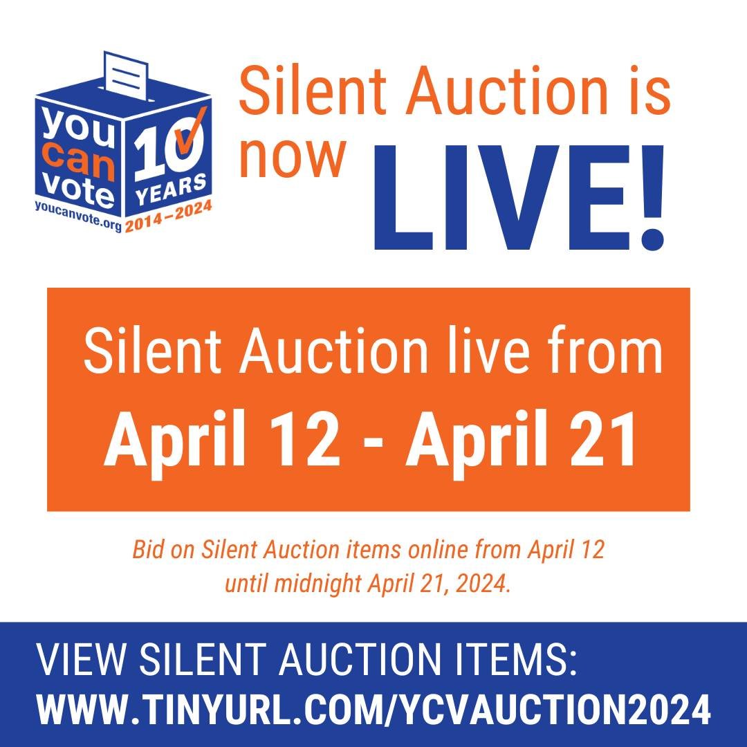 You Can Vote's Silent Auction is up and ready for your bid! The time is here for you to place your bids online at www.tinyurl.com/ycvauction2024. Bidding closes at midnight April 21. Happy bidding! (link in bio)