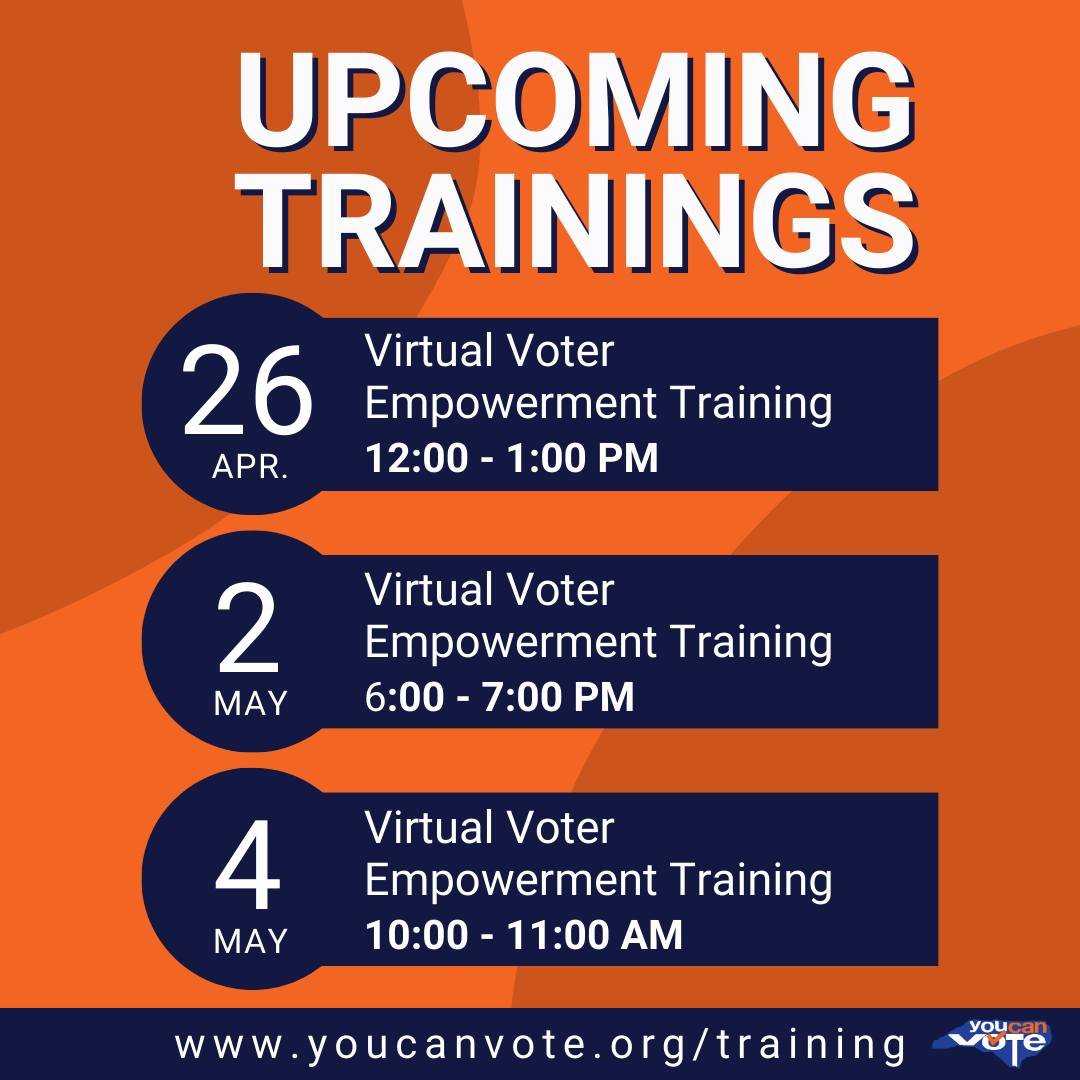 Help us register more voters in 2024! Sign up for an upcoming Virtual Voter Empowerment Training to learn the latest. We teach civic leaders how to educate, register, and empower voters in their community! Sign up ➡️ youcanvote.org/trainings. (Link i