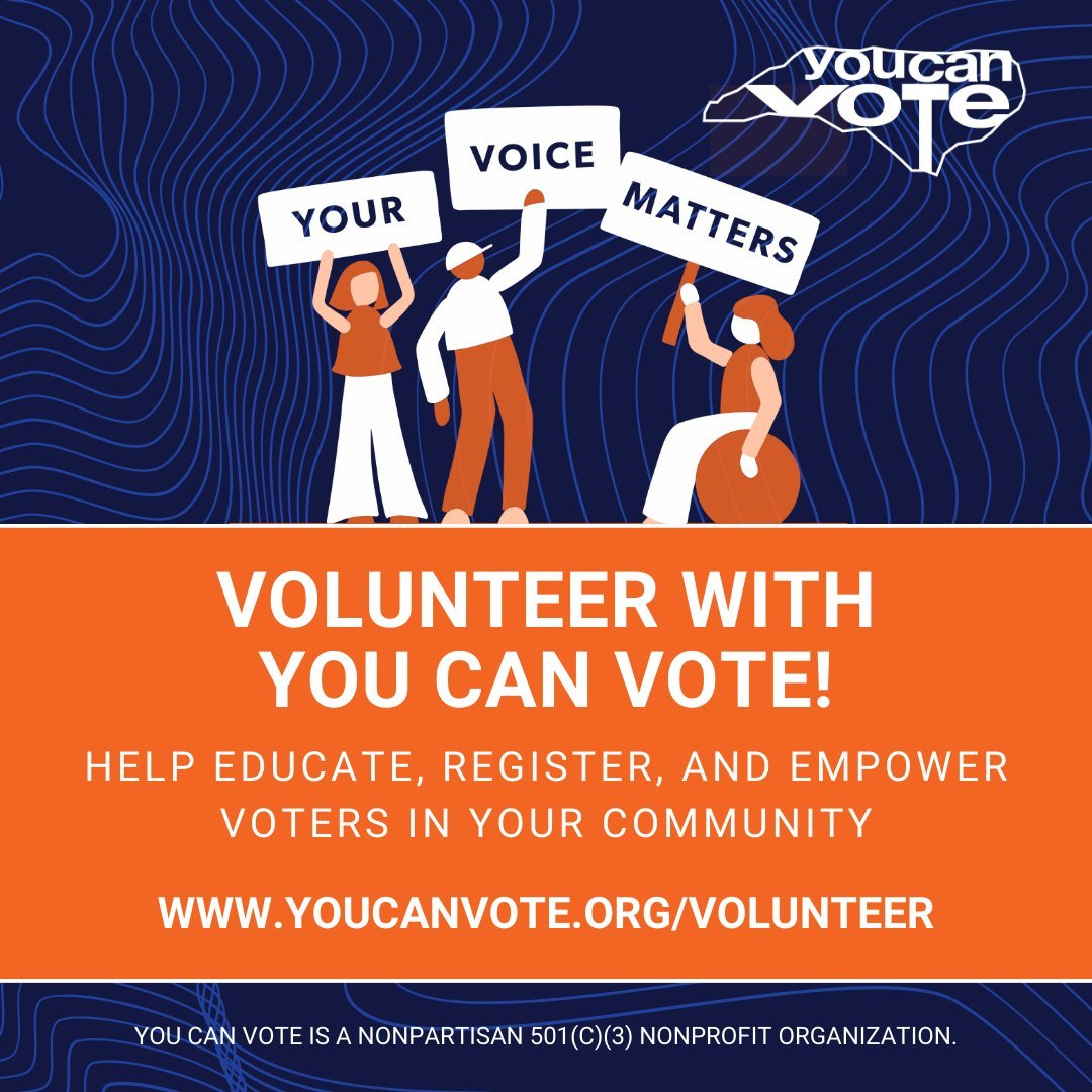 Help your community get educated, registered, and empowered to #Vote2024! Become a volunteer with us and learn how you can get North Carolina #VoteReady. Sign up here: www.youcanvote.org/volunteer. (link in bio)