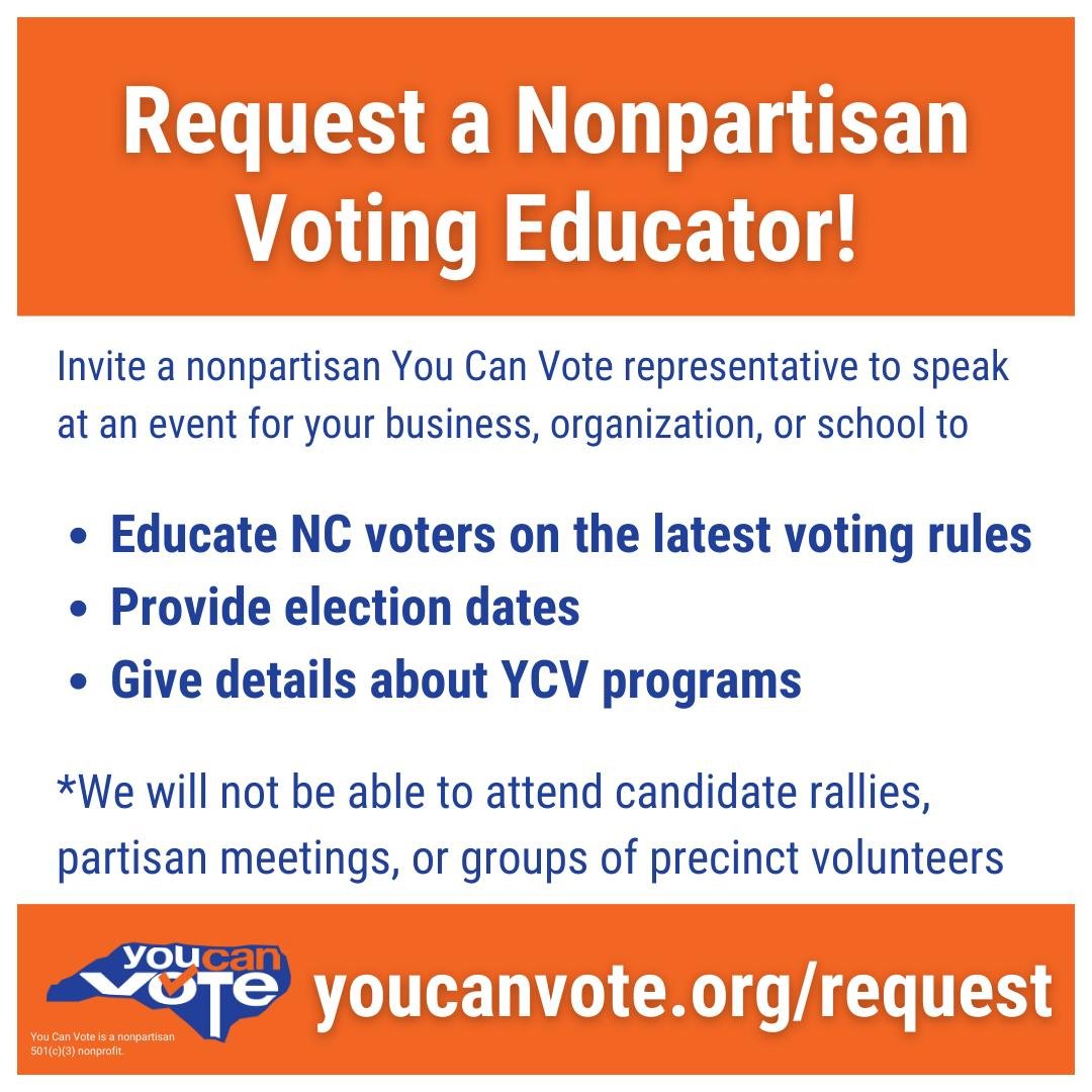 Is your business, organization, or group interested in getting educated and empowered to #Vote2024? Request a nonpartisan You Can Vote Voting Educator for your next event and learn the latest voting rules, election dates, and details about YCV progra