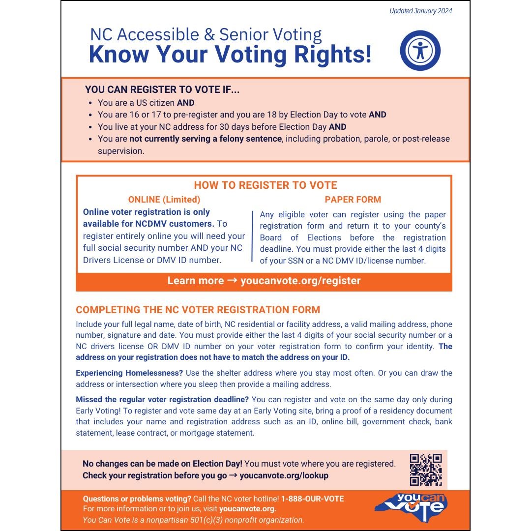 We are celebrating Mental Health Awareness Month and Older Americans Month in May. To learn how to register and vote, please visit youcanvote.org/handouts and download our NC Accessible and Senior Voting Know Your Rights Guide! (link in bio)
