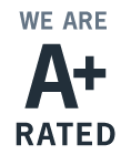 A white background with bold black text reading 'WE ARE A+ RATED'