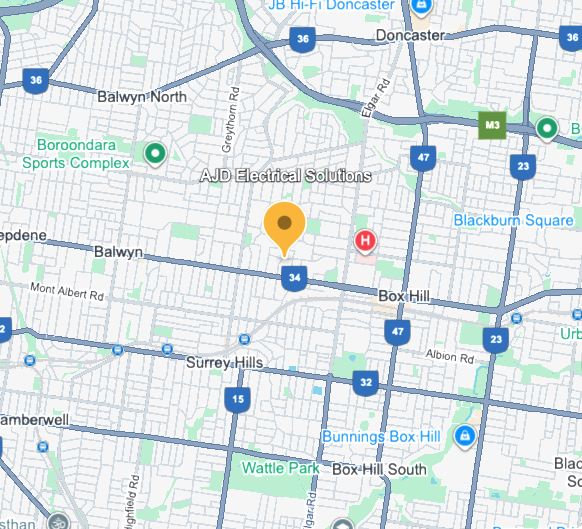 Map showing areas around Box Hill, Blackburn Square, and Box Hill, with roads, landmarks like Wattle Park, and businesses including AJD Electrical Solutions and Bunnings Box Hill.