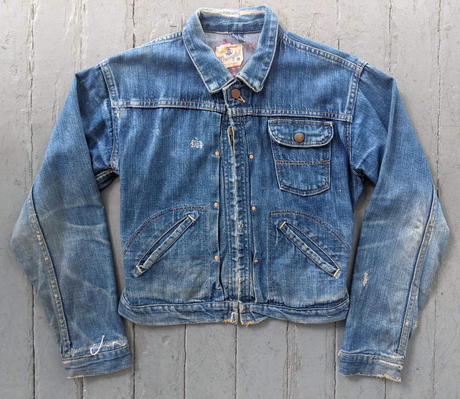 1950's Hippie Drawn Blue Bell Wrangler Zip Front Jacket - Small Medium — DARN VINTAGE 1950's Hippie Drawn Blue Bell Wrangler Zip Front Jacket - Small Medium — DARN VINTAGE