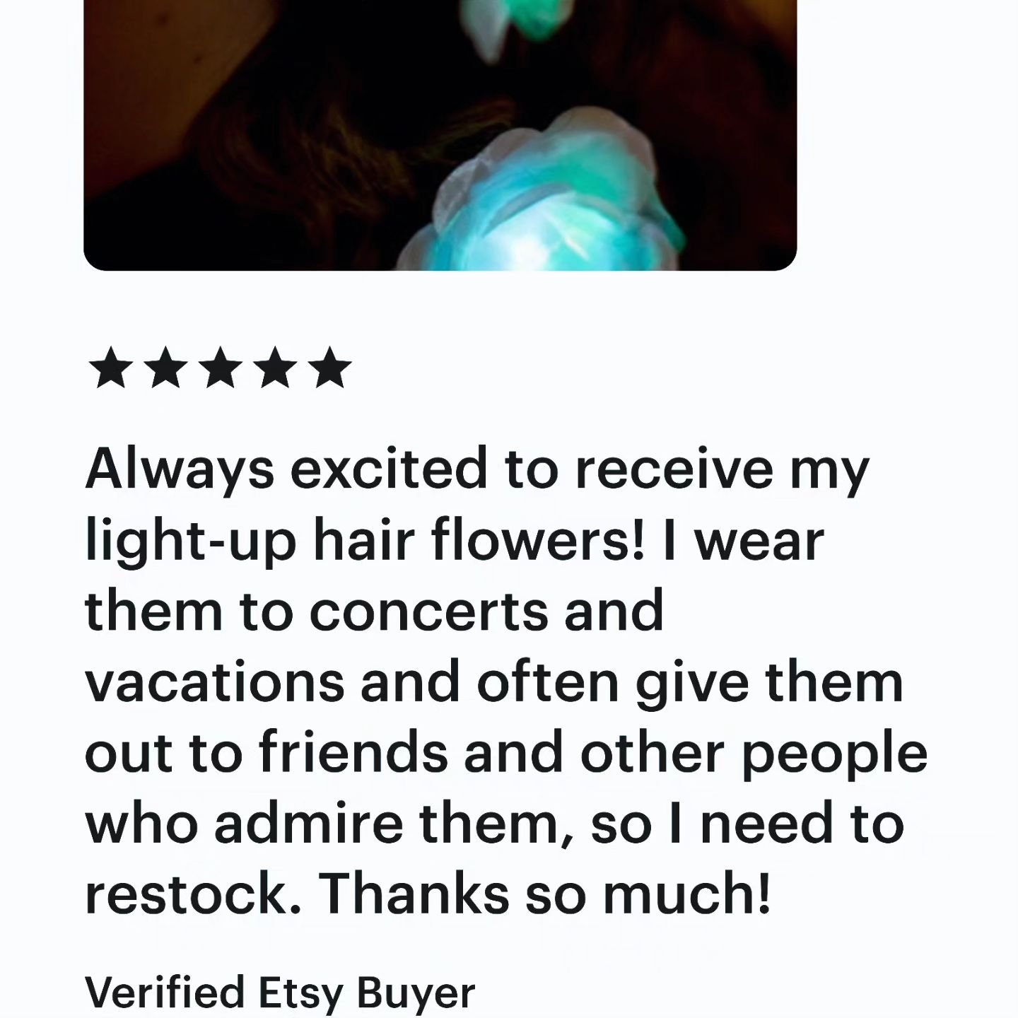 Thank you so much #etsybuyer for the kind review!!! We're so appreciative of the continued support. 

https://ledlutions.etsy.com/listing/1095647732

#etsypartyshop #partyfavorsideas #concertgear
#etsypartysupplies #concertaccessories