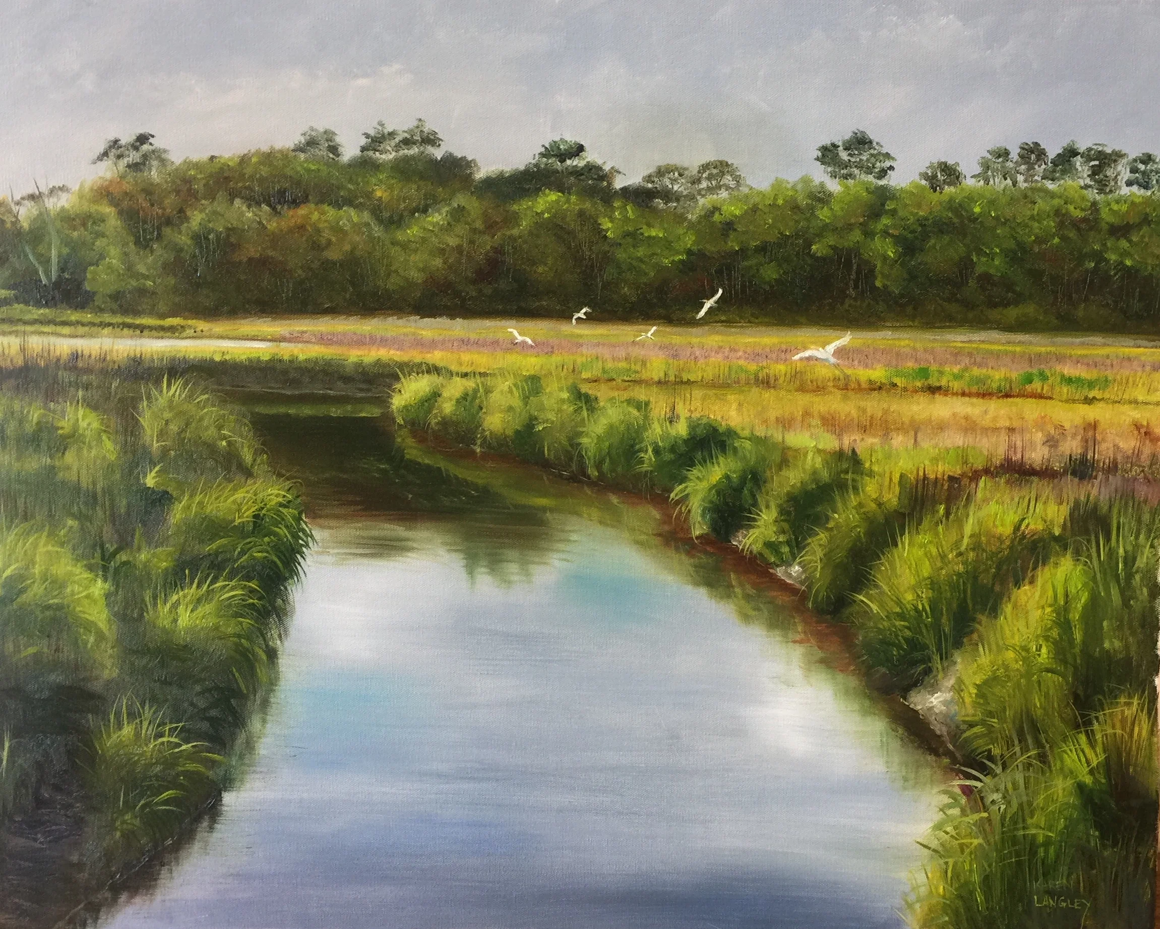 Egret Play Time Oil on Linen 24x30