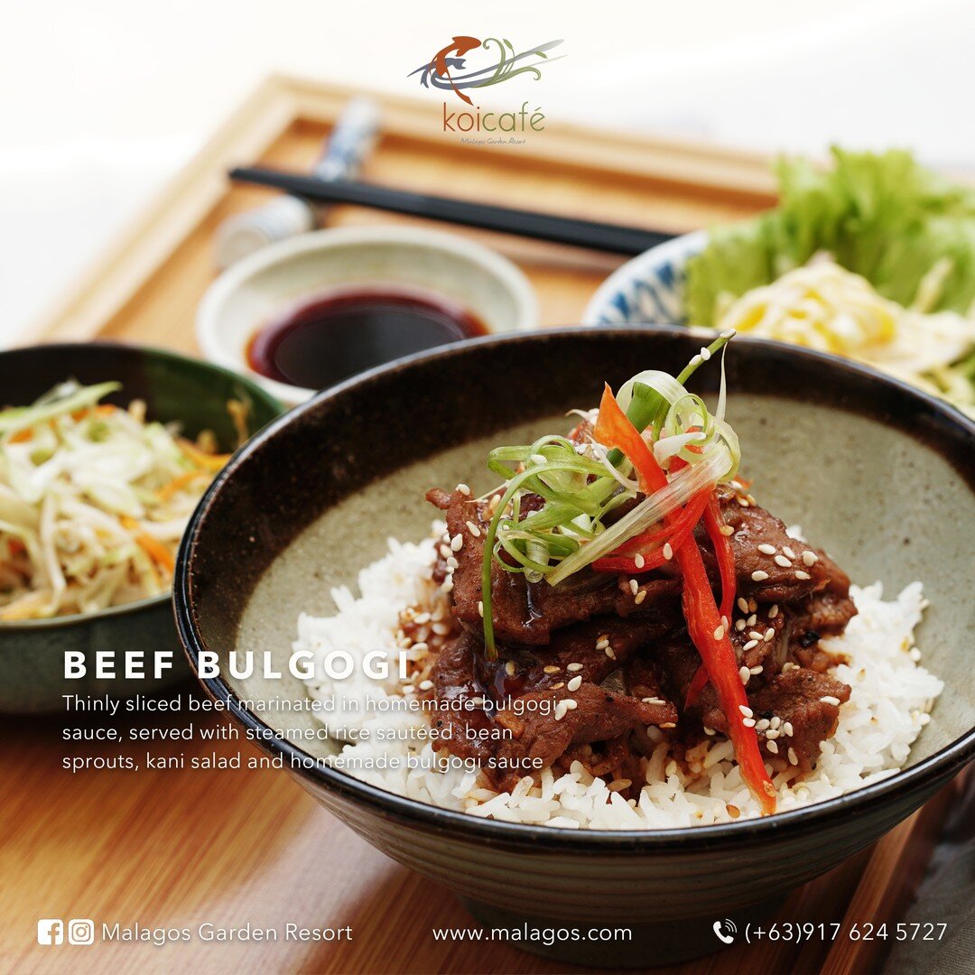Beef Bulgogi is the perfect dish to indulge your cravings for Korean food. 
A must try in Koi Cafe.
For inquiries and reservations you may message us on Facebook or call 0917 624 5727 or book directly at www.malagos.com
 
#MalagosdenResort #Sustainab