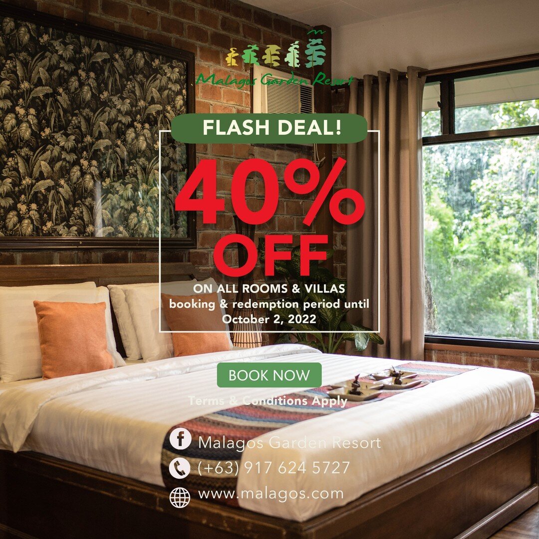 ⚡EXTENDED FLASH SALE ⚡

Discounts up to 40% OFF are available on all of our rooms and villas.

Booking and redemption period is extended till October 2, 2022.

For inquiries and reservations you may message us on Facebook or call 0917 624 5727 or boo