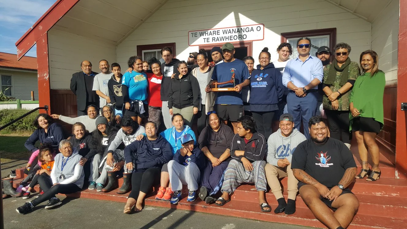 Te Aitanga a Hauiti in front of the present-day site of Te Whare Wananga o Te Rawheoro, Uawa.