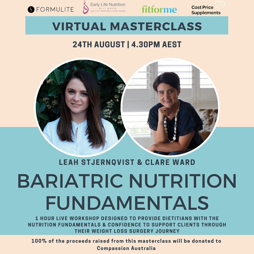 ⭐️ CALLING ALL NEW DIETITIANS &amp; STUDENTS WORKING WITH BARIATRIC CLIENTS ⭐️

Would you like to upgrade your bariatric knowledge and work with more weight loss surgery clients?

Join Claire Ward &amp; Leah Stjernqvist, two of Australia&rsquo;s lead