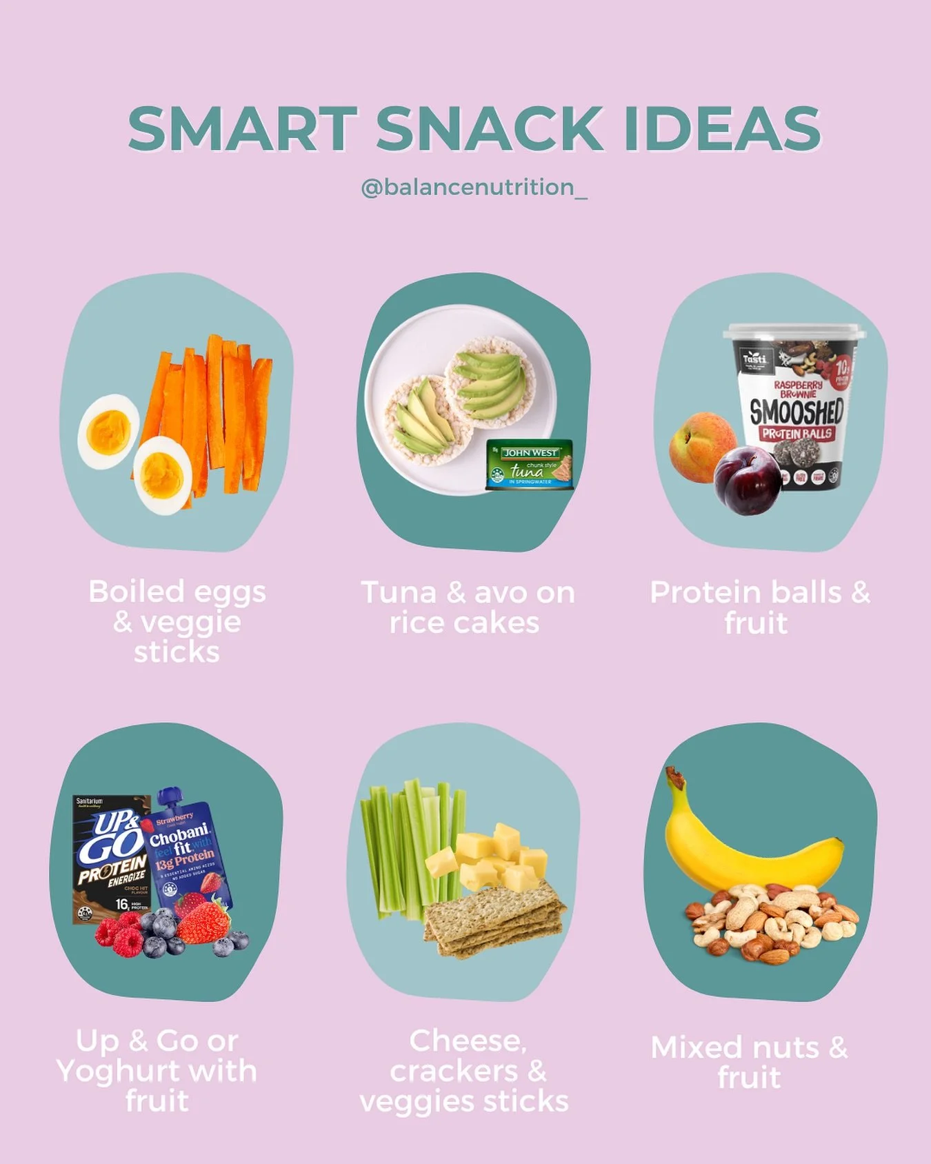 Stuck for snack ideas? 

Here are some quick and balanced snack ideas to keep your energy up and your hunger satisfied: 

🥚 Boiled eggs + veggie sticks
🥑 Tuna &amp; avo on rice cakes
🍎 Protein balls + fruit
🍓 Up &amp; Go or yoghurt + fruit
🧀 Che