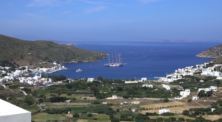 Overlook of port of Patmos with Star Flyer at anchor