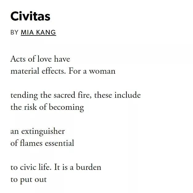 It's the last day of #aapiheritagemonth and no we do not just disappear once June comes around!

Mia Kang is a poet &amp; art historian whose work transcends the boundaries of research, writing, and performance. We love this poem &quot;Civitas&quot; 