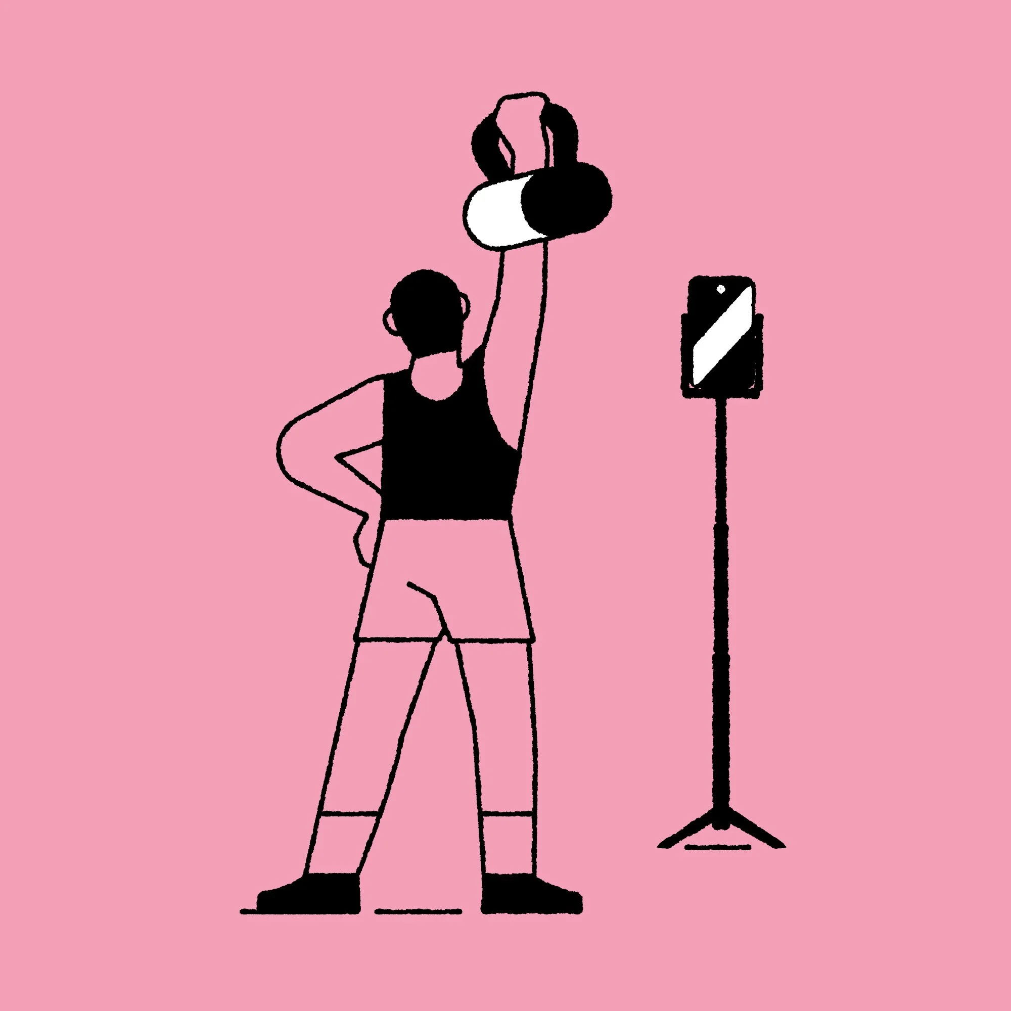 Man holding a kettlebell in front on a his smartphone streaming. Editorial illustration for Mens Health UK. Conceptual illustration by Fran Pulido
