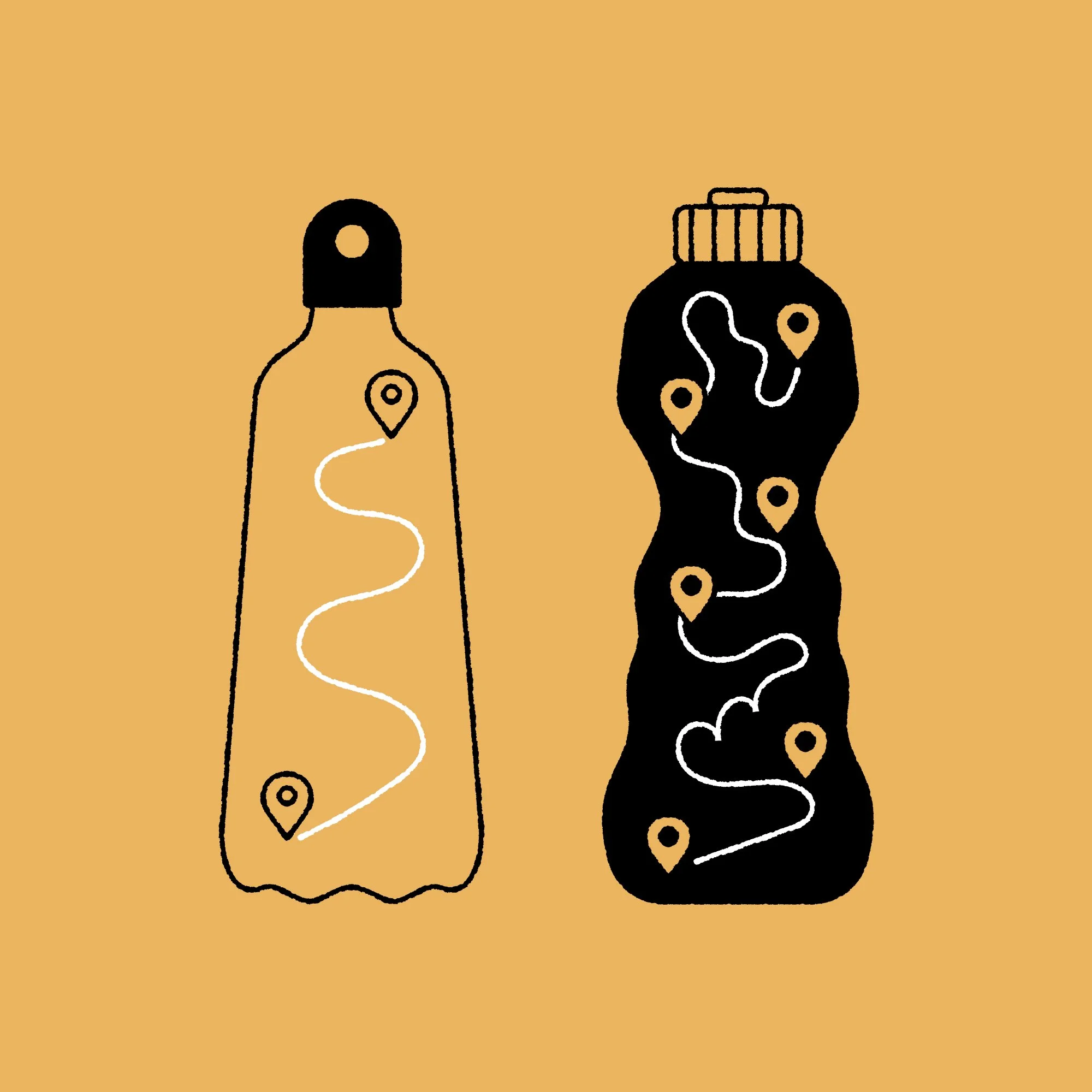 Bottle of water and Energy drink showing the Strava route on their. Editorial illustration for Mens Health UK. Conceptual illustration by Fran Pulido. Fitness drawing.
