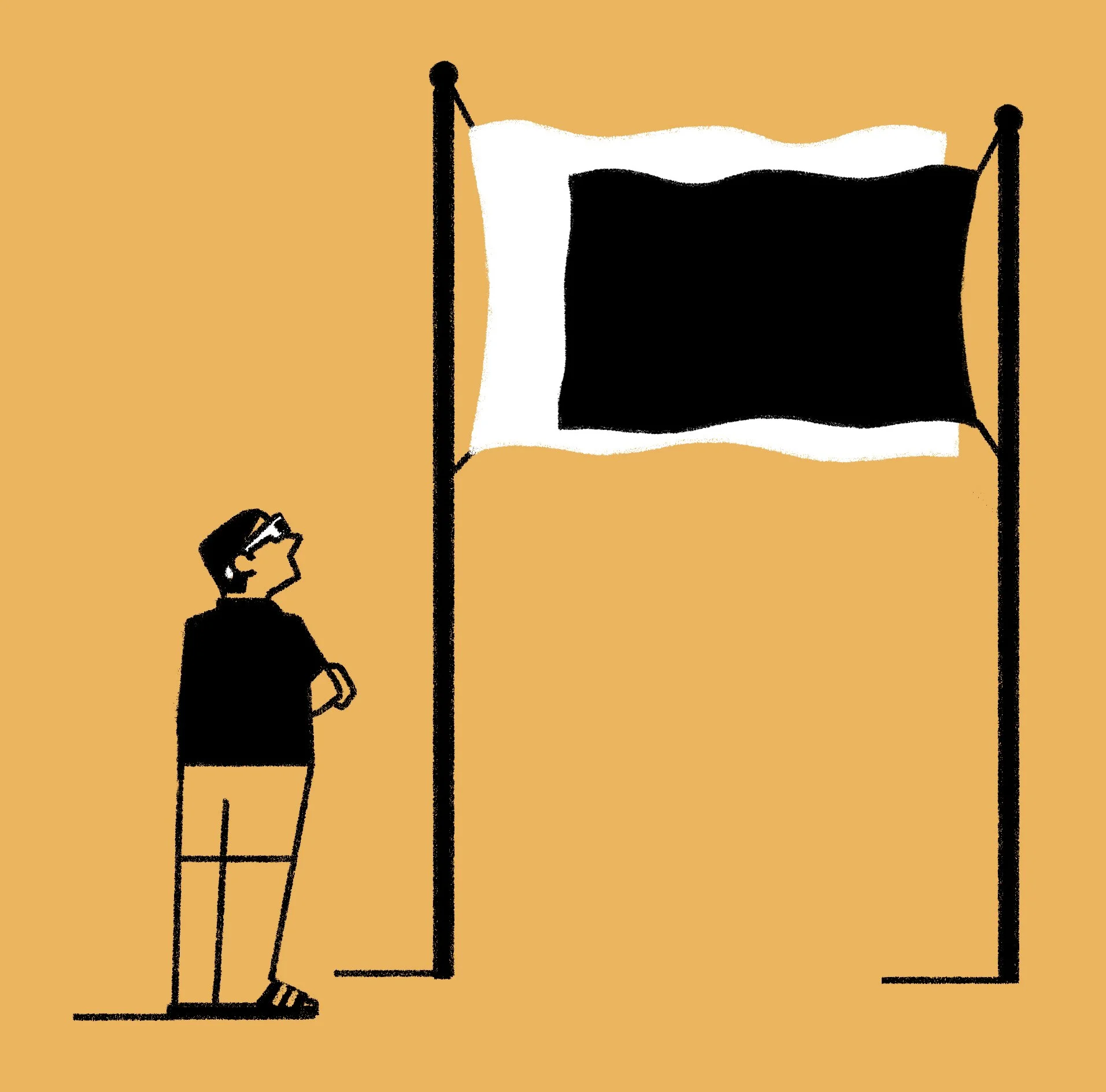 Editorial illustration by Fran Pulido. Black Line, conceptual illustration. Synergy Art. London. Two flags overlapping like an eclipse