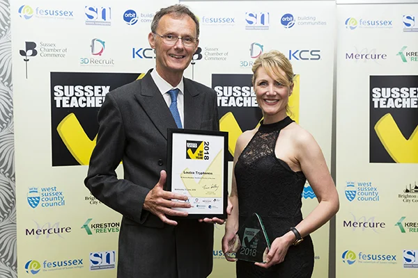 Louiza accepting her award at the Sussex Teacher Awards in 2018