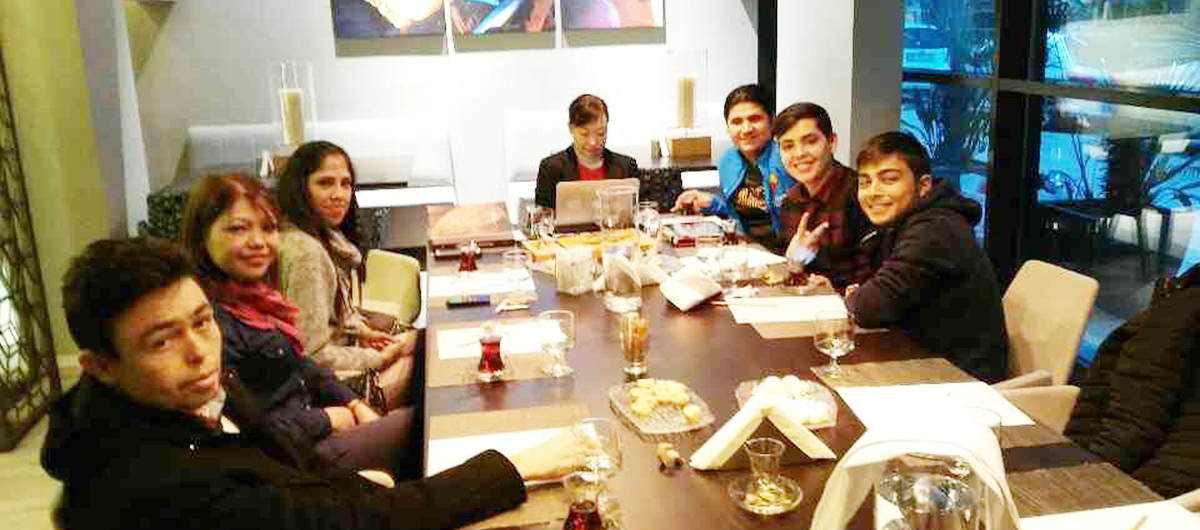 In the above photo, pictured right front to left:Eray Avara (male in black), Mert Sertkaya (male in red), Osman Eskandarli (interpreter male in blue), Sachiko Powell (female in red-black), Ebru Candar (female in light brown), Sevgi Aka (female with red scarf), Ömer Canbaz (male in black with his right arm in front)