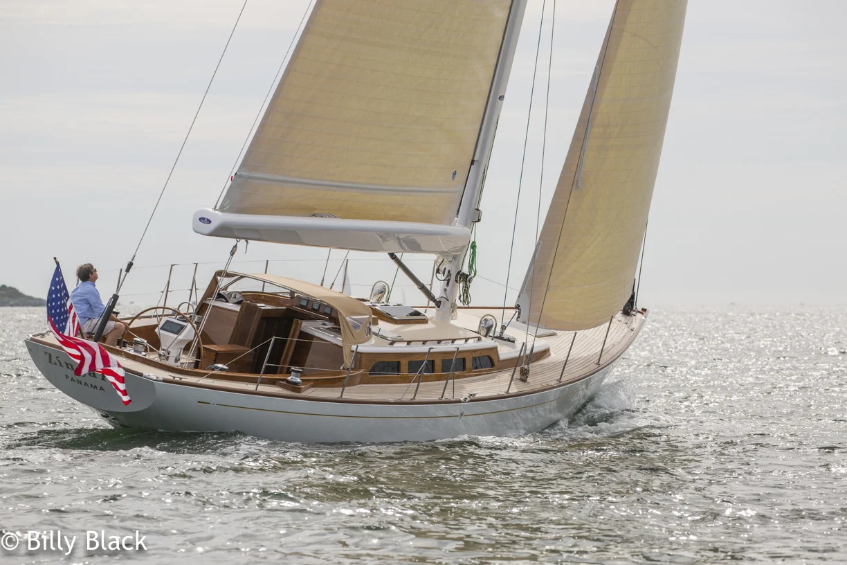 A Morris 50 leaving the Newport boat show.