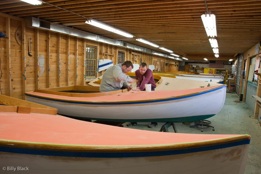 041111CNST-7698 Jonathan Richards and Marc Blandin at the Beetle Cat Boat Shop in Wareham, MA.