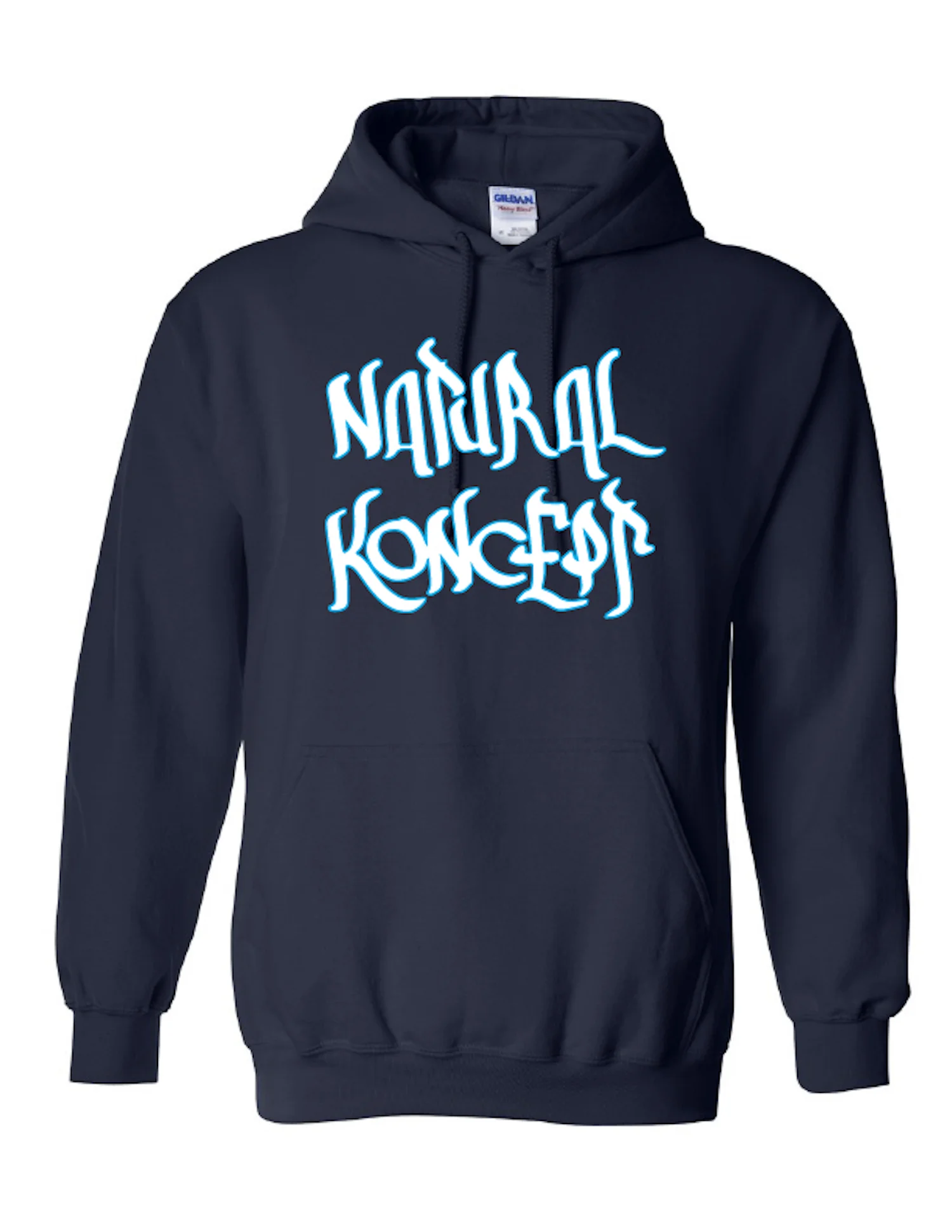 Natural Koncept NYC Font - Navy w white lettering &amp; baby blue outline. 