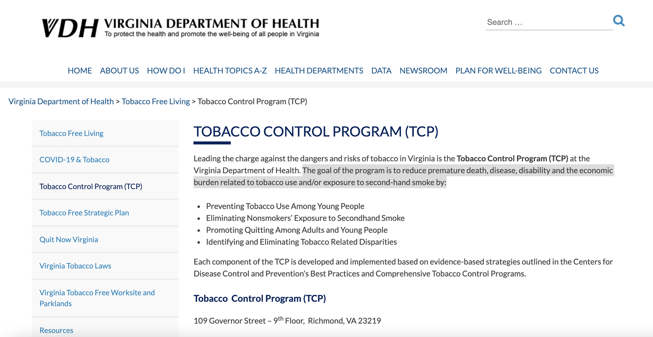 Tobacco Control Program - VA Department of Health