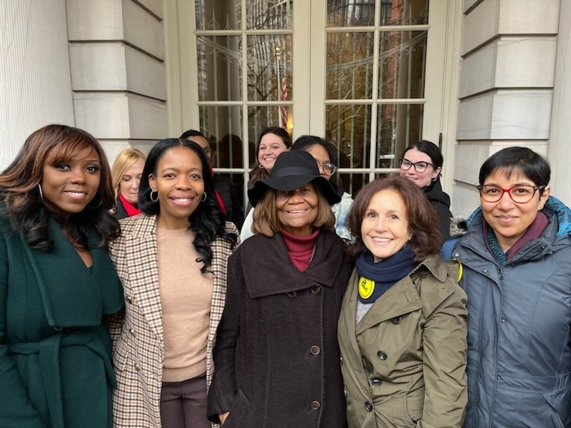 PAVe’s Cynthia Stremba and Deepa Prasad are joined by council members Farah Louis and Rita Jospeh and our coalition partners NYSNAACP and FlaverHooksNYC at City Hall to support Bill 577