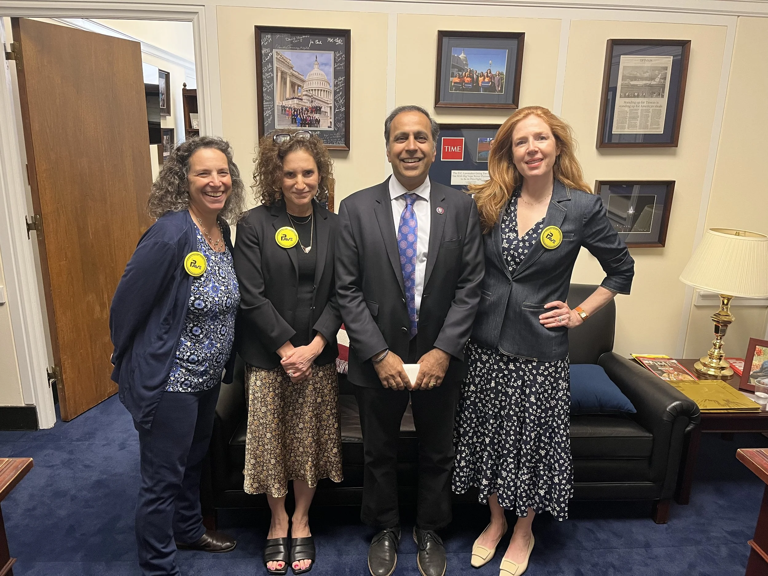 PAVe's Shellie Bressler, Meredith Berkman, and Dorian Fuhrman along with longtime friend and advocate, Congressman Raja Krishnamoorthi (May 2023)