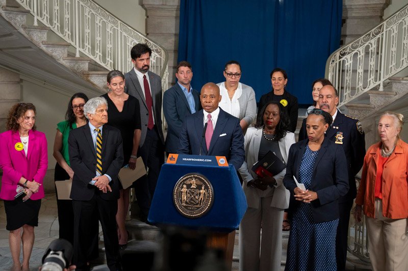PAVe's Meredith Berkman, Mimi Boublik, and Cynthia Stremba join NYC Mayor Eric Adams at a Press Conference 