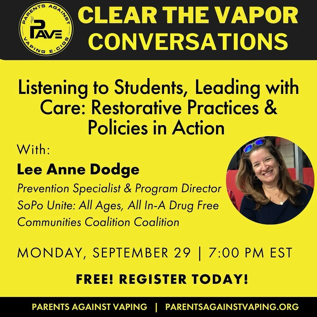 NEW DATE ALERT: September 29 🚸 Schools need real solutions for youth vaping &mdash; not punishment.

Join us for Listening to Students, Leading with Care with restorative practice expert Lee Anne Dodge. Learn how schools can replace suspensions with