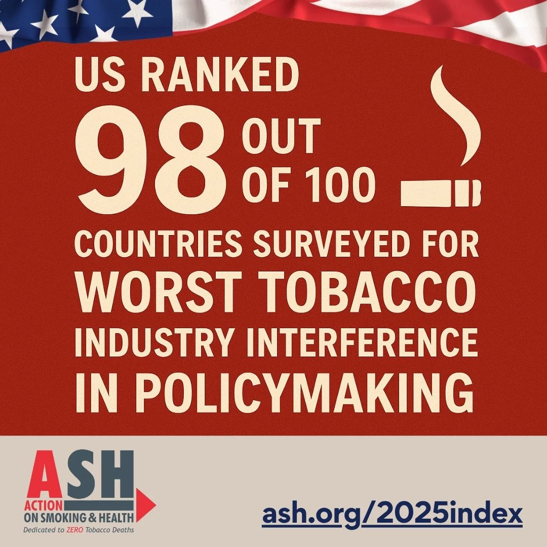 Breaking: the U.S. ranked 98 out of 100 countries surveyed for tobacco industry interference in policymaking, its worst rank since the report was first published in 2019.

Learn more about this score &amp; how to #ExcludeTobacco in @ashorg 's 2025 US