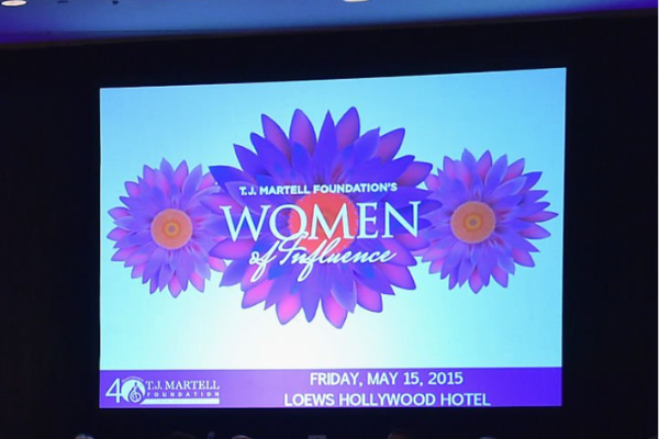 Event screen displaying T.J. Martell Foundation's Women of Influence event, with purple floral design, date May 15, 2015, and location Loews Hollywood Hotel.
