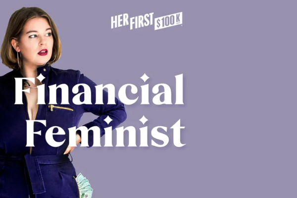 Woman with brown hair in a navy blazer with a pocket notebook, looking to the side against a lavender background, with text reading "Her First $100K" and "Financial Feminist".