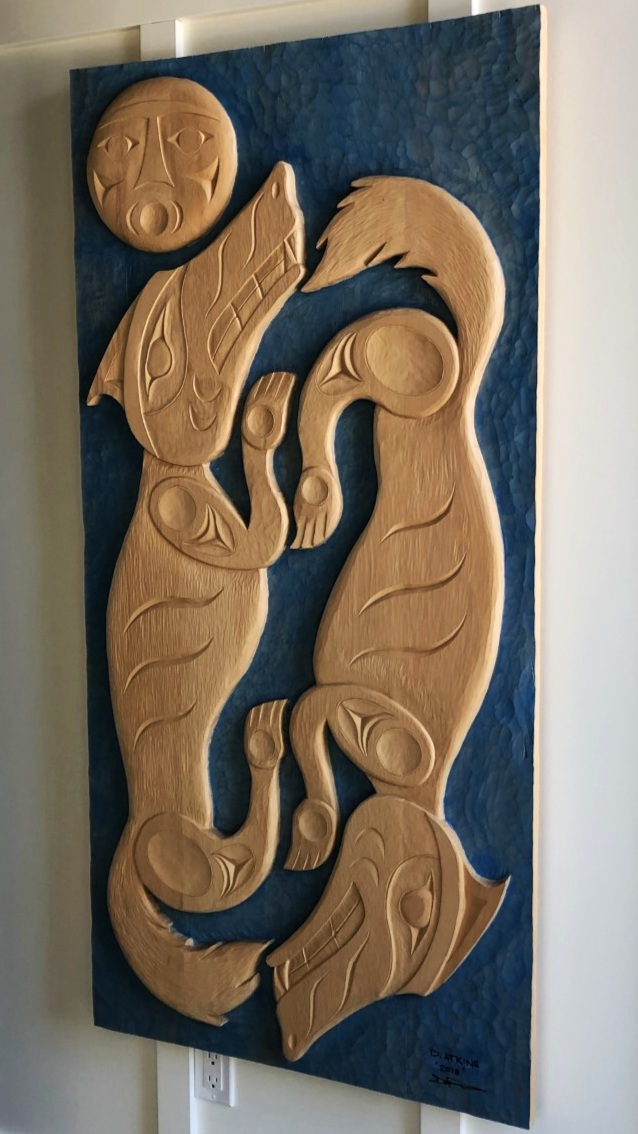 Wolves and Moon yellow cedar carving