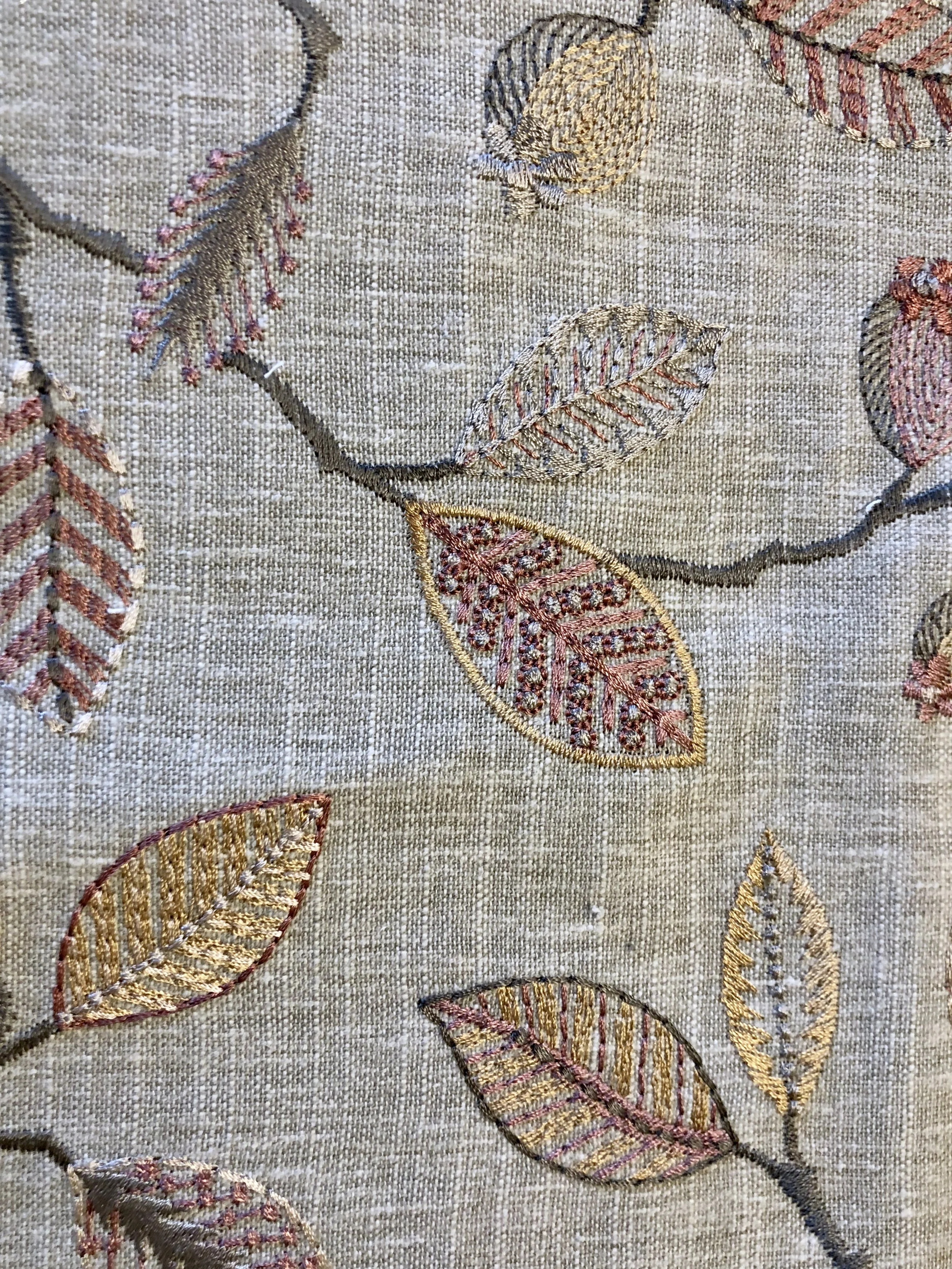 Linen embroidered fabric for window treatments pulls the new look together