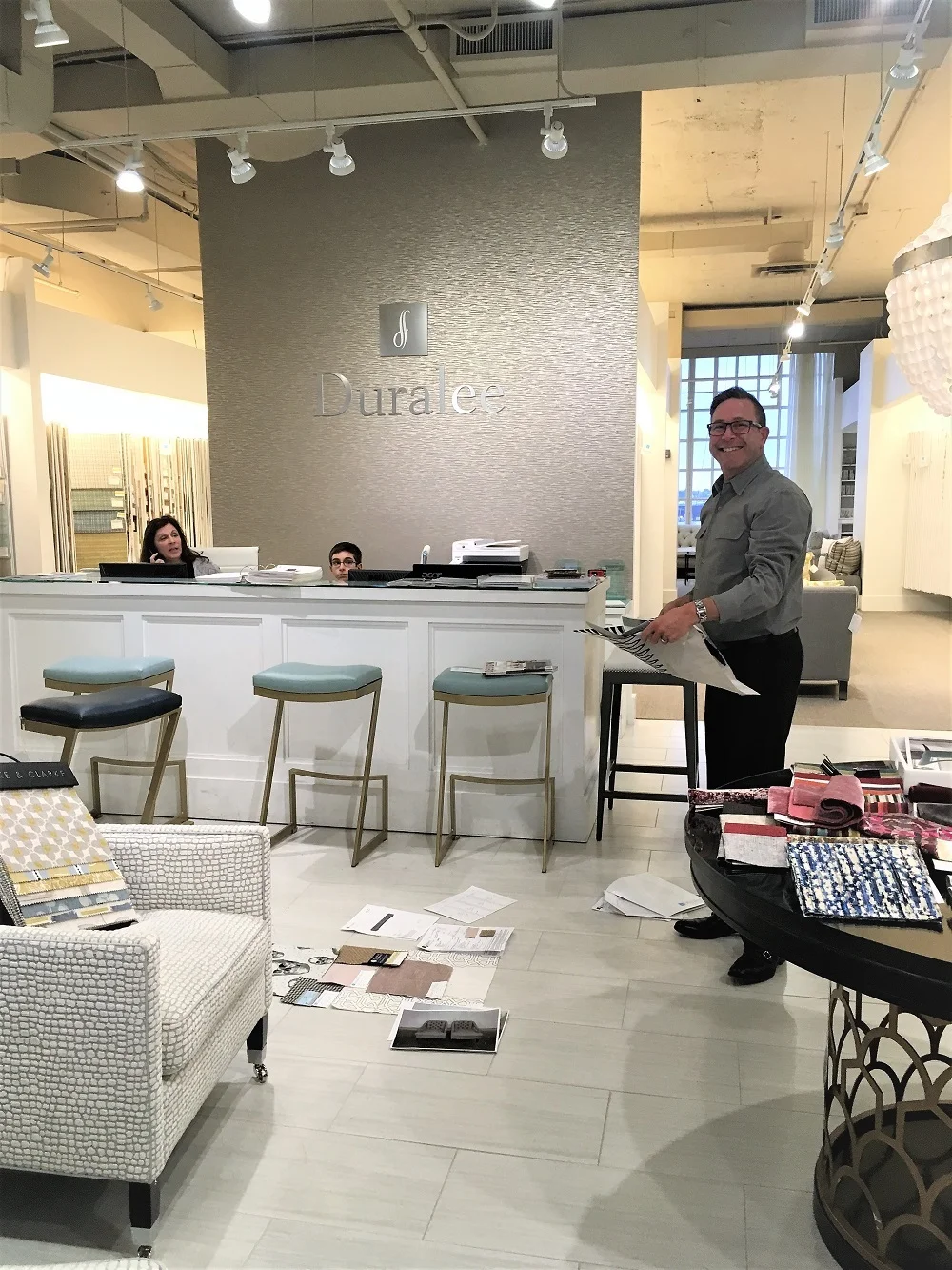 Duralee Showroom Manager, Gary Fisher with Renee Julian, Showroom Fabric Representative
