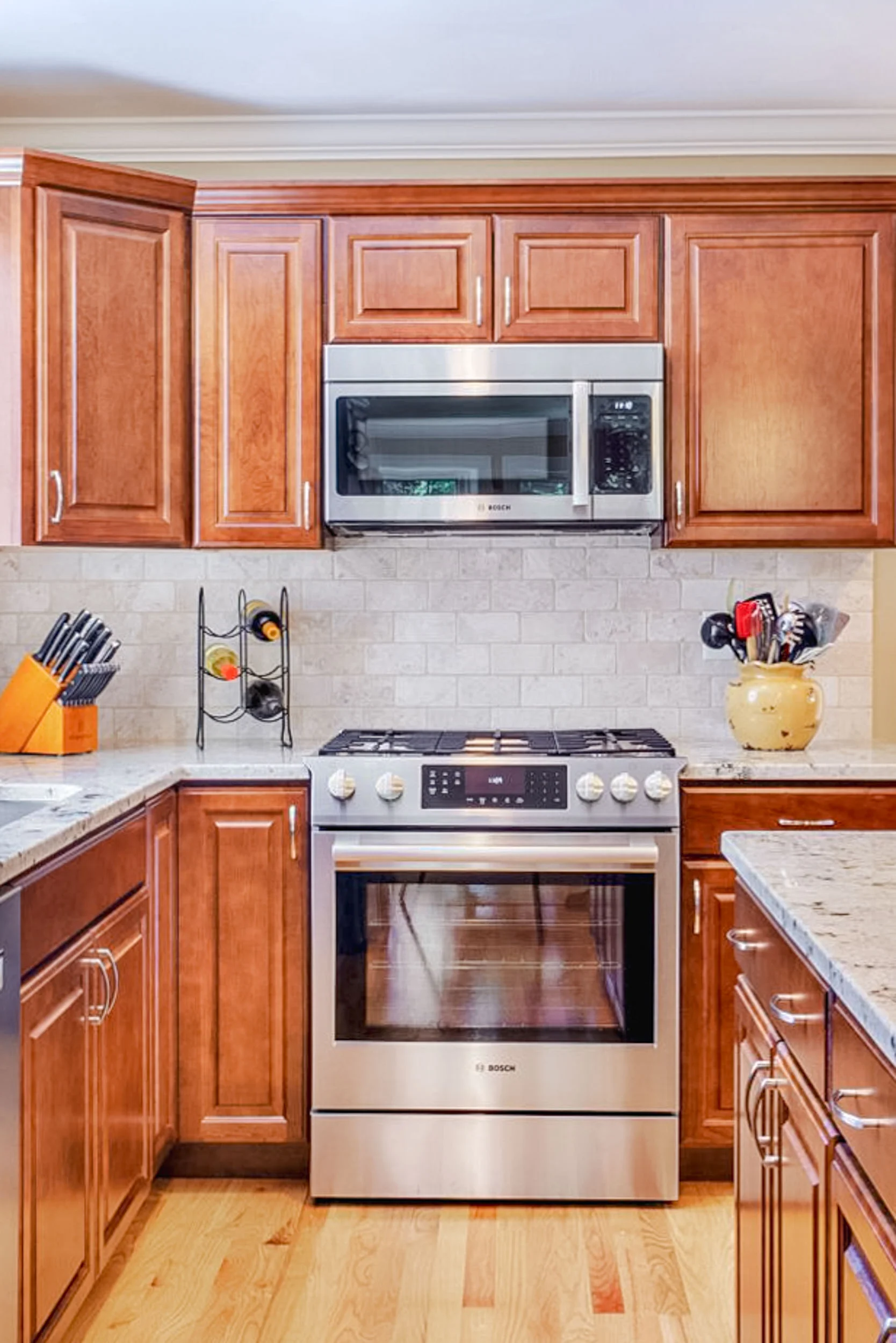 The cabinets are maple with a dark cherry finish.