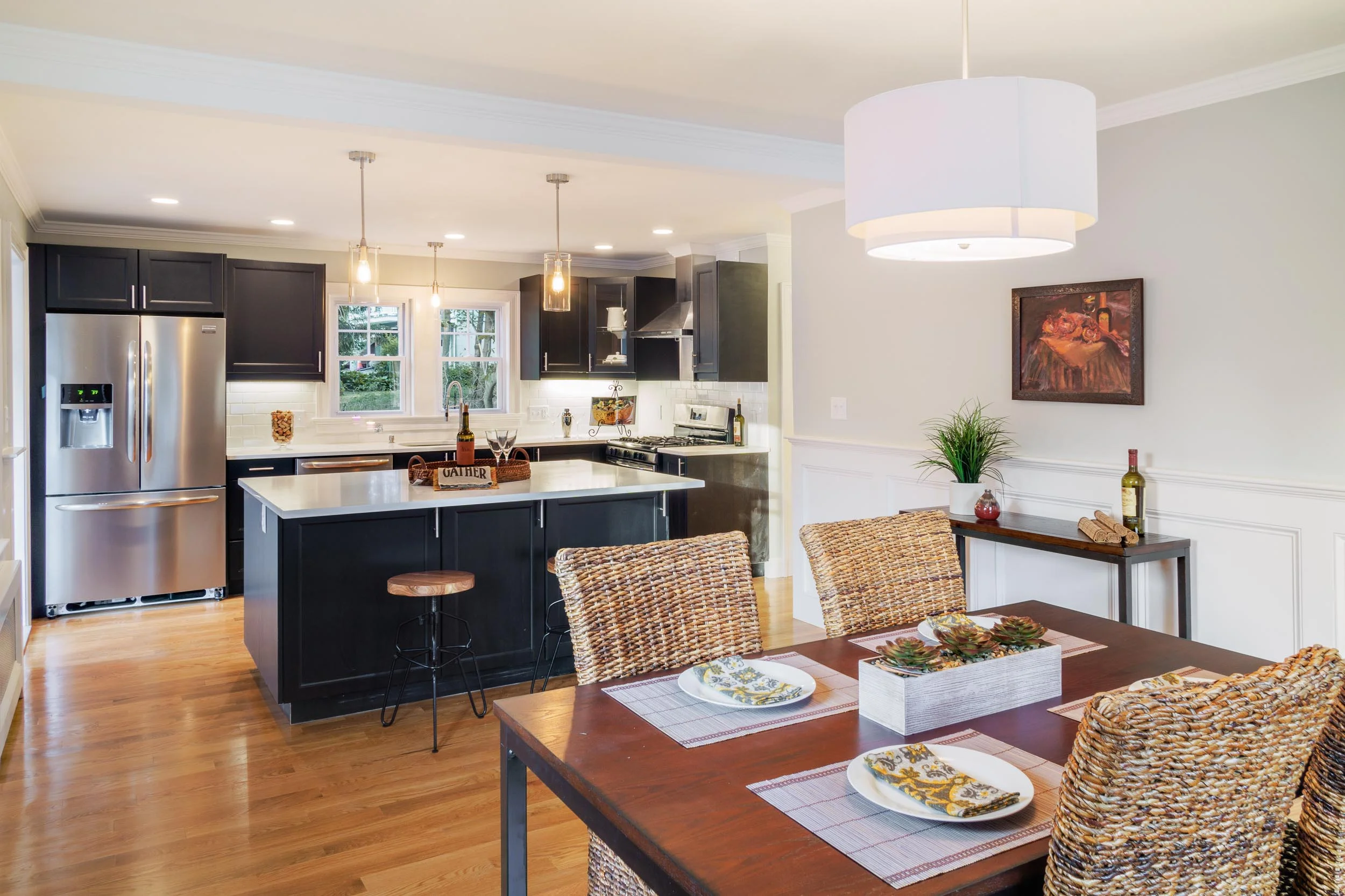 Dining room and kitchen home styling.