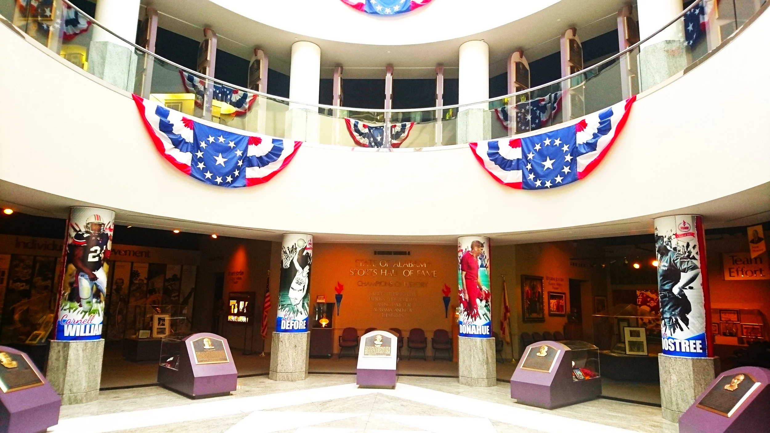 Alabama Sports Hall of Fame event space in Birmingham, Alabama, featuring sports memorabilia and museum-style exhibits for private events.