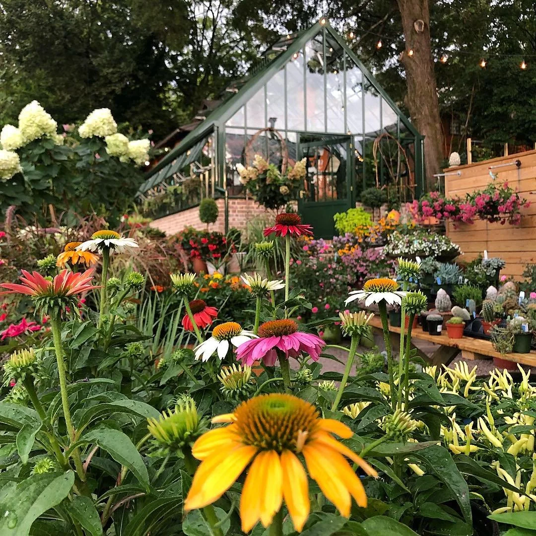 English style greenhouse surrounded by lush gardens at Shoppe Birmingham in the historic Forest Park neighborhood.